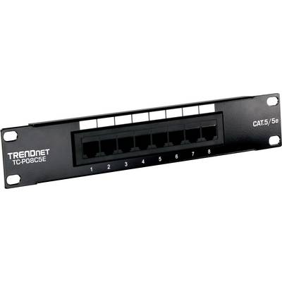 Ein schwarzes TRENDnet 8-Port CAT 5e Patch Panel mit nummerierten Anschlüssen, Modell TC-P08C5E, entwickelt für Netzwerkverbindungen.