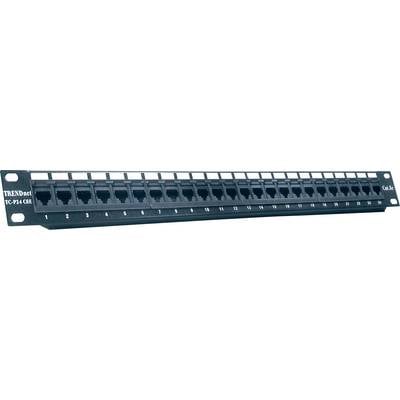 Ein Nahaufnahme eines 24-Port-Ethernet-Patchpanels mit der Beschriftung "TRENDnet", das zur Kabelorganisation in Rechenzentren oder Serverräumen verwendet wird.
