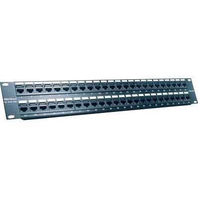 Netzwerk-Patchpanel mit 48 Ethernet-Ports, in zwei Reihen angeordnet, mit der Beschriftung 'TRENDnet TC-P48C6' oben links.
