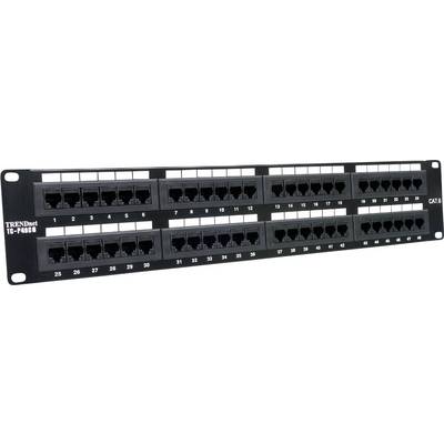 Ein Rack-montiertes Netzwerk-Patchpanel mit mehreren Ethernet-Ports, von 1 bis 48 beschriftet, zur Organisation und Verwaltung von Netzwerkverbindungen.