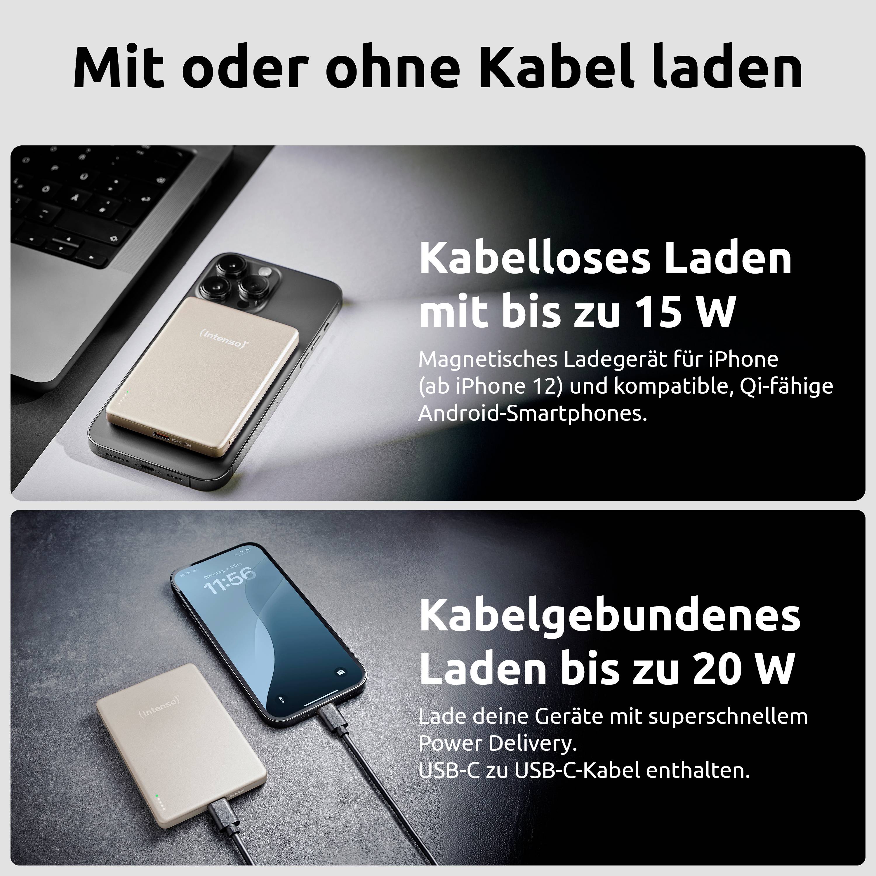Mit oder ohne Kabel laden<br>15W kabellos<br>20W kabelgebunden