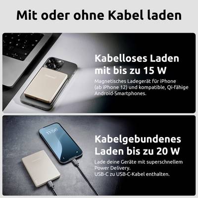 Mit oder ohne Kabel laden<br>15W kabellos<br>20W kabelgebunden