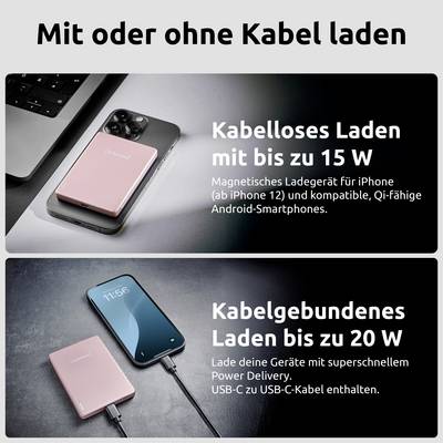 "Mit oder ohne Kabel laden" - Zwei Bilder, die Lademetoden zeigen. Oben: Drahtloses Ladegerät neben einem Smartphone. Unten: Smartphone mit einem USB-C-Kabel an ein Ladegerät angeschlossen.