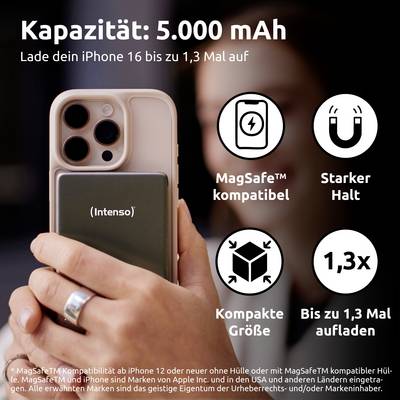 'Kapazität: 5.000 mAh' zeigt eine Hand, die ein Powerbank hält, das an ein Telefon angeschlossen ist. Veranschaulicht die MagSafe-Kompatibilität bei kompakter Größe.