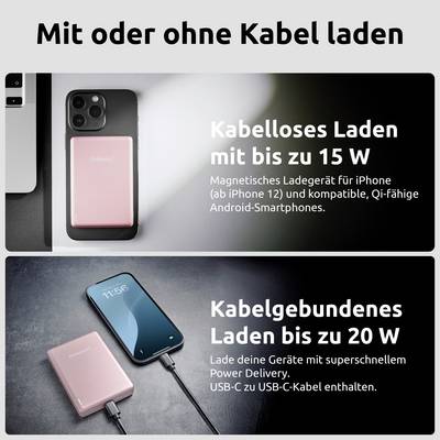 "Laden mit oder ohne Kabel". Oben: Drahtloses Laden bis zu 15W für iPhone (ab iPhone 12) und Android. Unten: Kabelgebundenes Laden bis zu 20W mit USB-C.