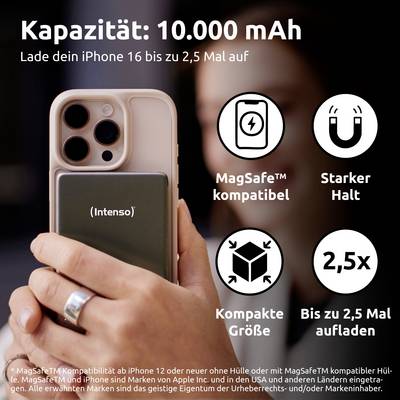 Kapazität: 10.000 mAh. Lade dein iPhone bis zu 2,5 Mal auf. Handyhülle mit integriertem Akku, MagSafeTM-kompatibel, kompakte Größe.