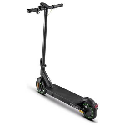 Elektrischer Roller mit schwarzem Rahmen, grün akzentuierten Rädern und Rücklicht, von der Seite auf weißem Hintergrund abgebildet.