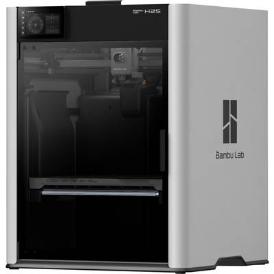 Ein schlanker 3D-Drucker mit grauer Außenhülle und transparenter Frontseite, der die inneren Mechanismen sichtbar macht. Der Markenname 'Bambu Lab' ist an der Seite zu sehen.