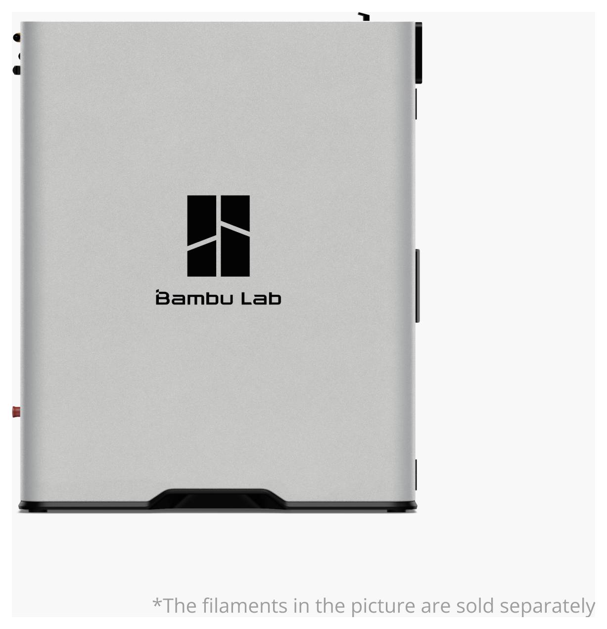 Silberner 3D-Drucker mit der Beschriftung 'Bambu Lab' auf hellem Hintergrund. Hinweis: Die gezeigten Filamente werden separat verkauft.