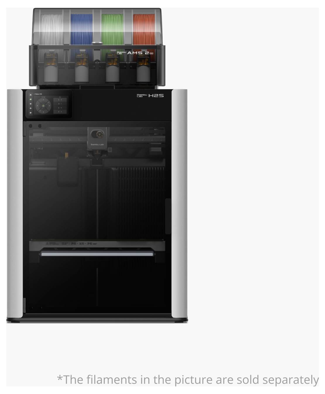 Ein 3D-Drucker mit mehreren farbigen Filamentspulen oben drauf. Das Druckermodell ist H25. Hinweis: Die Filamente auf dem Bild werden separat verkauft.