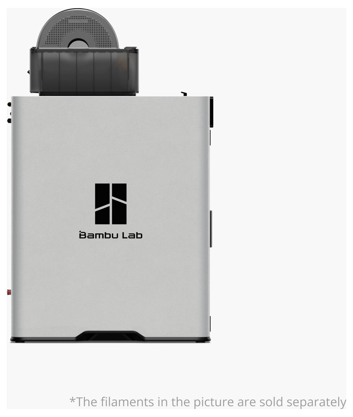 Ein silberner 3D-Drucker von Bambu Lab mit einem Spulenhalter oben. Hinweis: Die gezeigten Filamente werden separat verkauft.