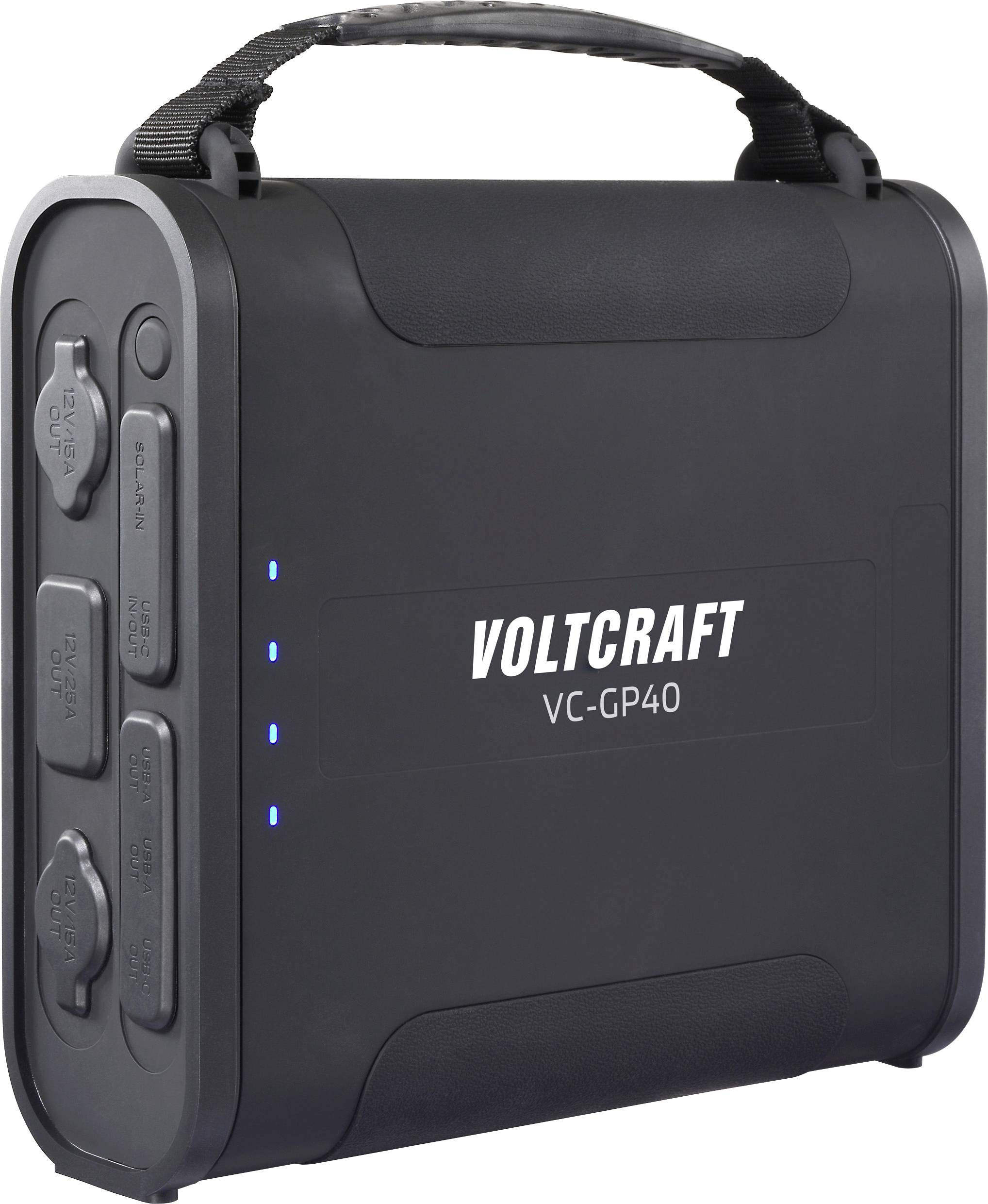 Eine schwarze tragbare Stromstation mit Griff, die den Markennamen "Voltcraft VC-GP40" und LED-Ladeanzeigen zeigt.