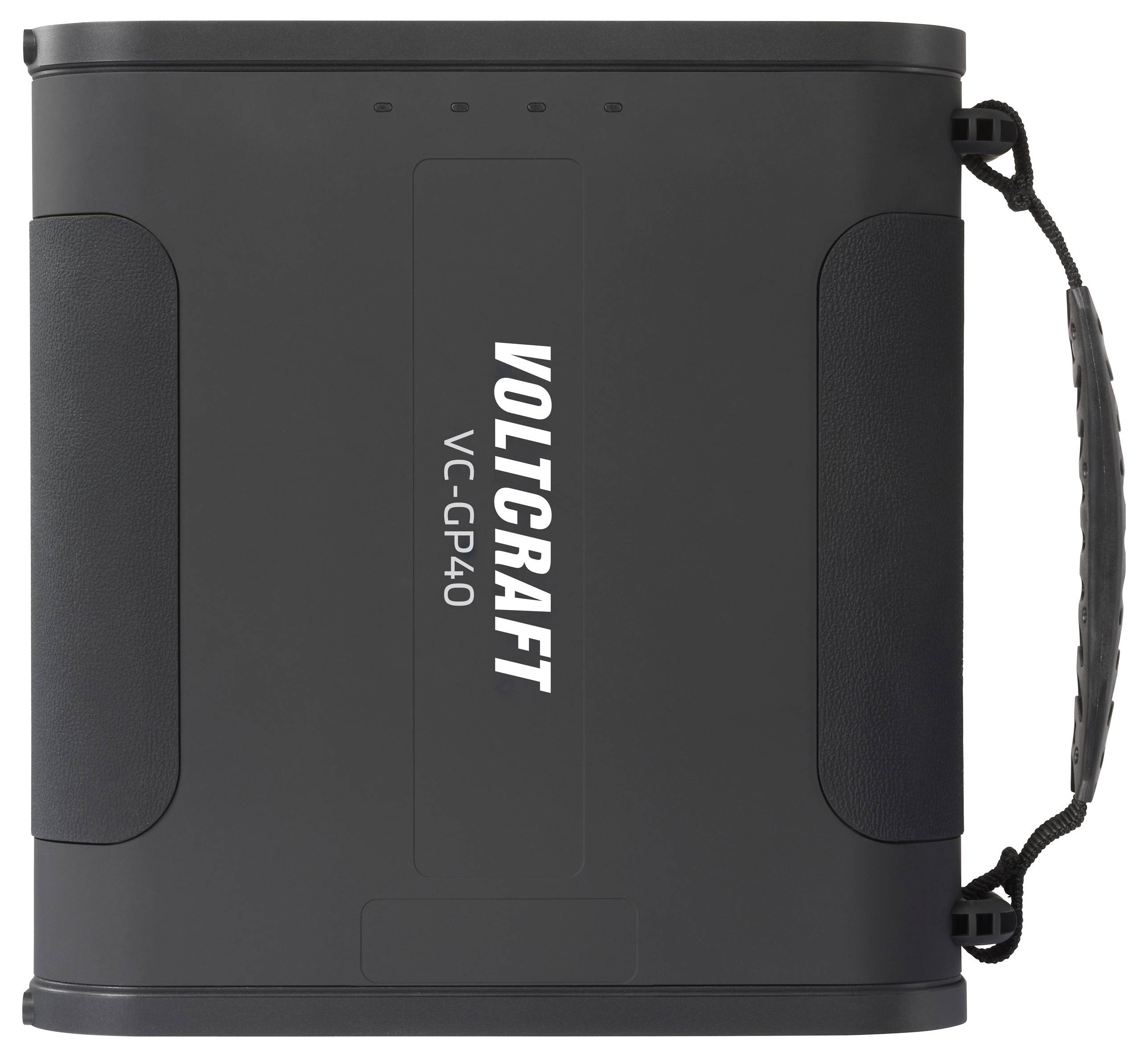 Eine schwarze tragbare Powerbank mit dem Text „VOLTCRAFT VC-GP40" auf der Seite aufgedruckt, mit einem Tragegriff auf der rechten Seite.