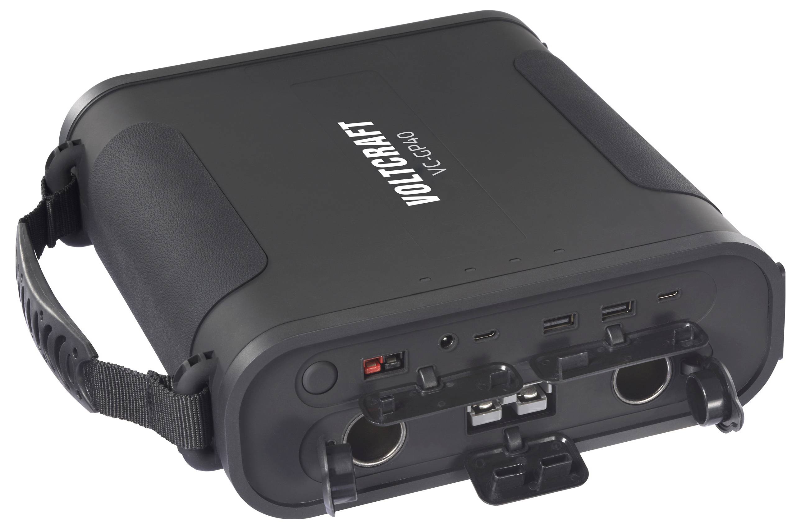 „Voltcraft VC-40 Pro" tragbares Akku-Pack mit mehreren Anschlüssen und Tragegriff, entwickelt für vielseitige Ladevorgänge.