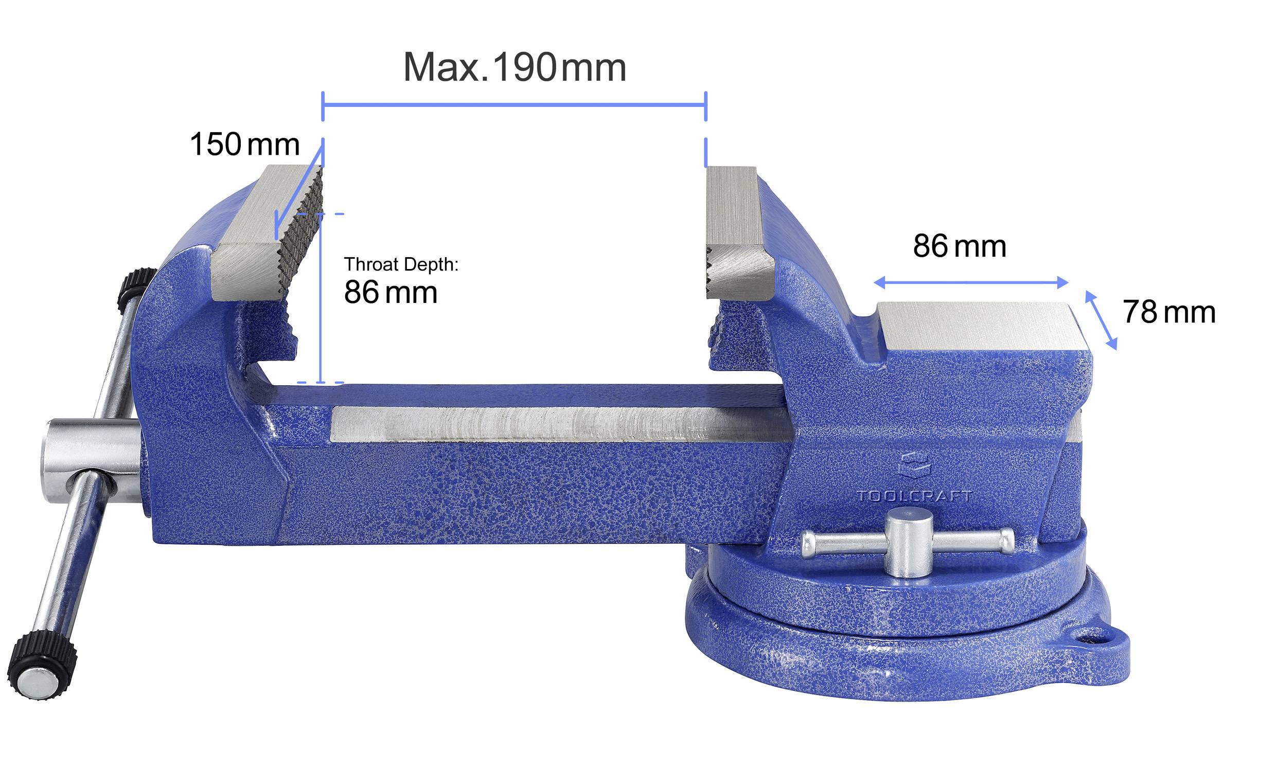 Eine blaue Metallschraubstockbank mit einer maximalen Backenöffnung von 190 mm, einer Backenbreite von 150 mm und einer Einspanntiefe von 86 mm; Abmessungen beschriftet.