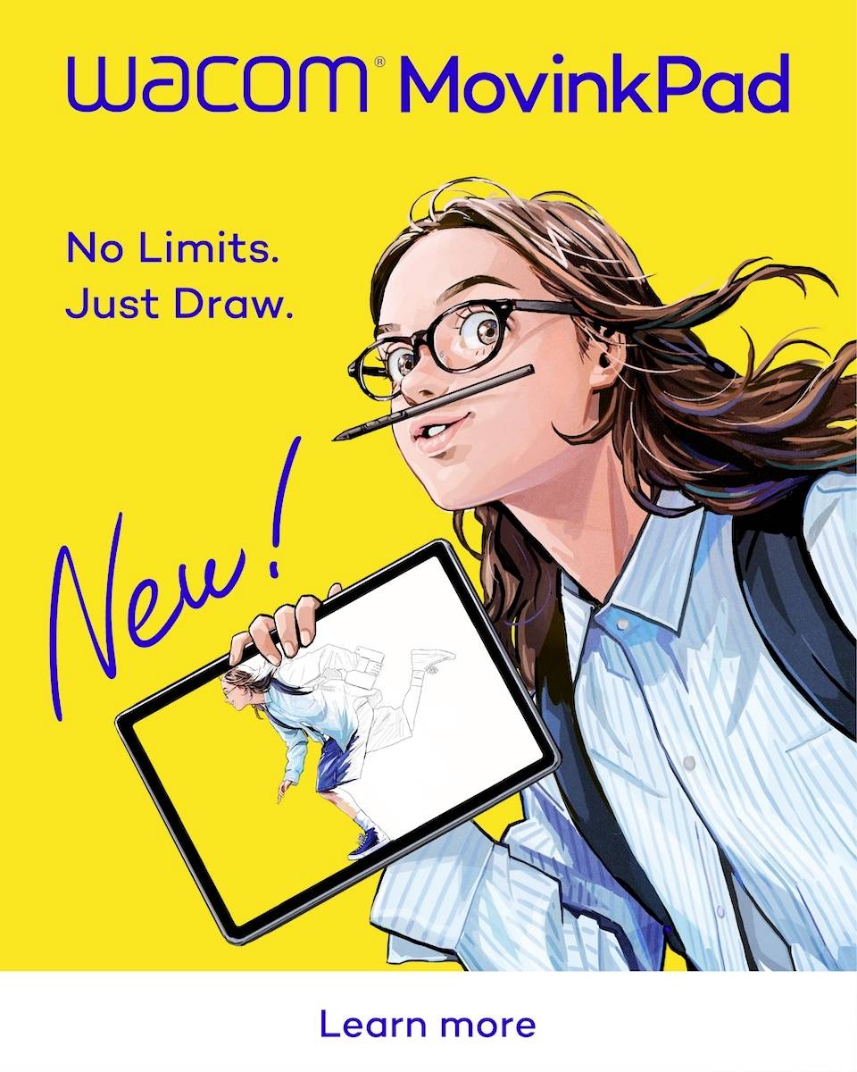 Eine Person mit Brille hält ein digitales Zeichentablett. Text lautet: 'Wacom MovinkPad. Keine Grenzen. Einfach zeichnen. Neu!'