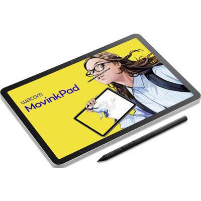 Eine Tafel mit dem Titel 'Wacom MovinkPad' zeigt eine Illustration einer Person mit Brille, die ein Skizzenblock hält und auf digitales Zeichnen hindeutet.