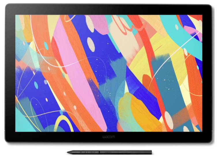 Eine digitale Zeichentablette, die eine abstrakte, mehrfarbige Kunstarbeit zeigt, mit kräftigen Strichen in Blau, Rot, Gelb, Orange und Rosa.