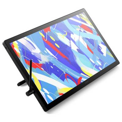 Eine digitale Zeichentablette mit einem Stylus, der in seinem Halter ruht und abstrakte Kunst in leuchtenden Blau-, Gelb- und Rotschwüngen zeigt.