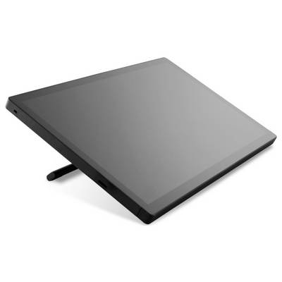 Eine schwarze digitale Zeichentablette mit einem Stylus, schräg positioniert und die glatte Oberfläche sowie das elegante Design präsentierend.