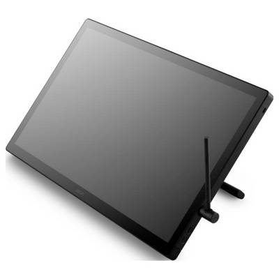 Ein schwarzes Zeichentablett mit einem verstellbaren Ständer und Eingabestift wird präsentiert, wobei sein schlankes Design und seine Funktionalität für digitale Kunst hervorgehoben werden.