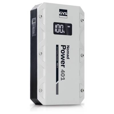 Ein tragbarer Autobatterieverstärker mit einer digitalen Anzeige, die '100%' zeigt. Das Gerät ist mit 'Nomad Power 401' beschriftet.