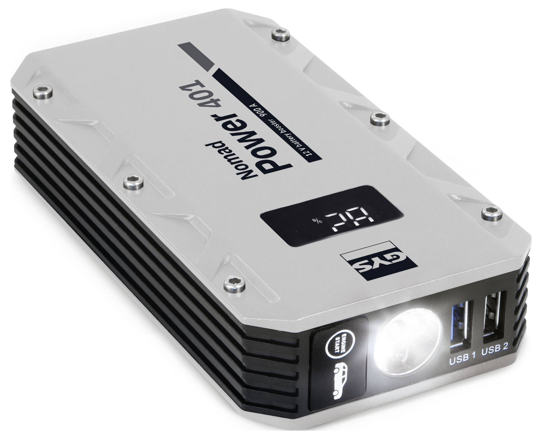 Tragbare Powerbank mit integrierter Taschenlampen-Funktion, digitalem Display zur Anzeige des Batteriestandards und zwei USB-Anschlüssen, die mit 'USB 1' und 'USB 2' gekennzeichnet sind.