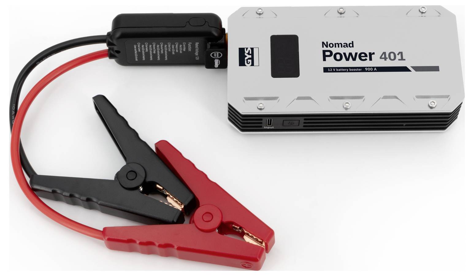 Ein tragbarer Batterie-Starter mit einer roten und einer schwarzen Klemme, gekennzeichnet als 'Nomad Power 401', geeignet zum Starten von Fahrzeugen in Notfallsituationen.