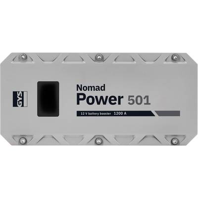 Das Bild zeigt einen 'Nomad Power 501' 12V-Batteriebooster mit 1200A und einem GYS-Logo. Das Gerät verfügt über ein robustes, metallisches Design.
