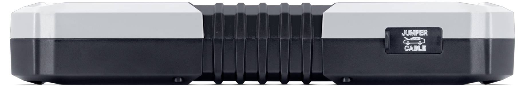 Ein schwarzes und graues Gerät mit einer Kappe, die mit "Jumper Cable" beschriftet ist und einen Anschlusspunkt für Überbrückungskabel anzeigt.