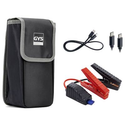 Ein tragbares Starthilfe-Set mit Transporttasche, Starthilfekabeln und USB-C-Kabeln.
