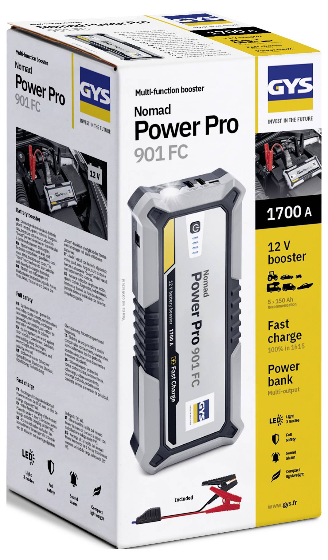 Verpackung eines GYS Nomad Power Pro 901 FC, die Funktionen wie 12V-Booster, Schnellladung und Powerbank auf weißem Hintergrund präsentiert.