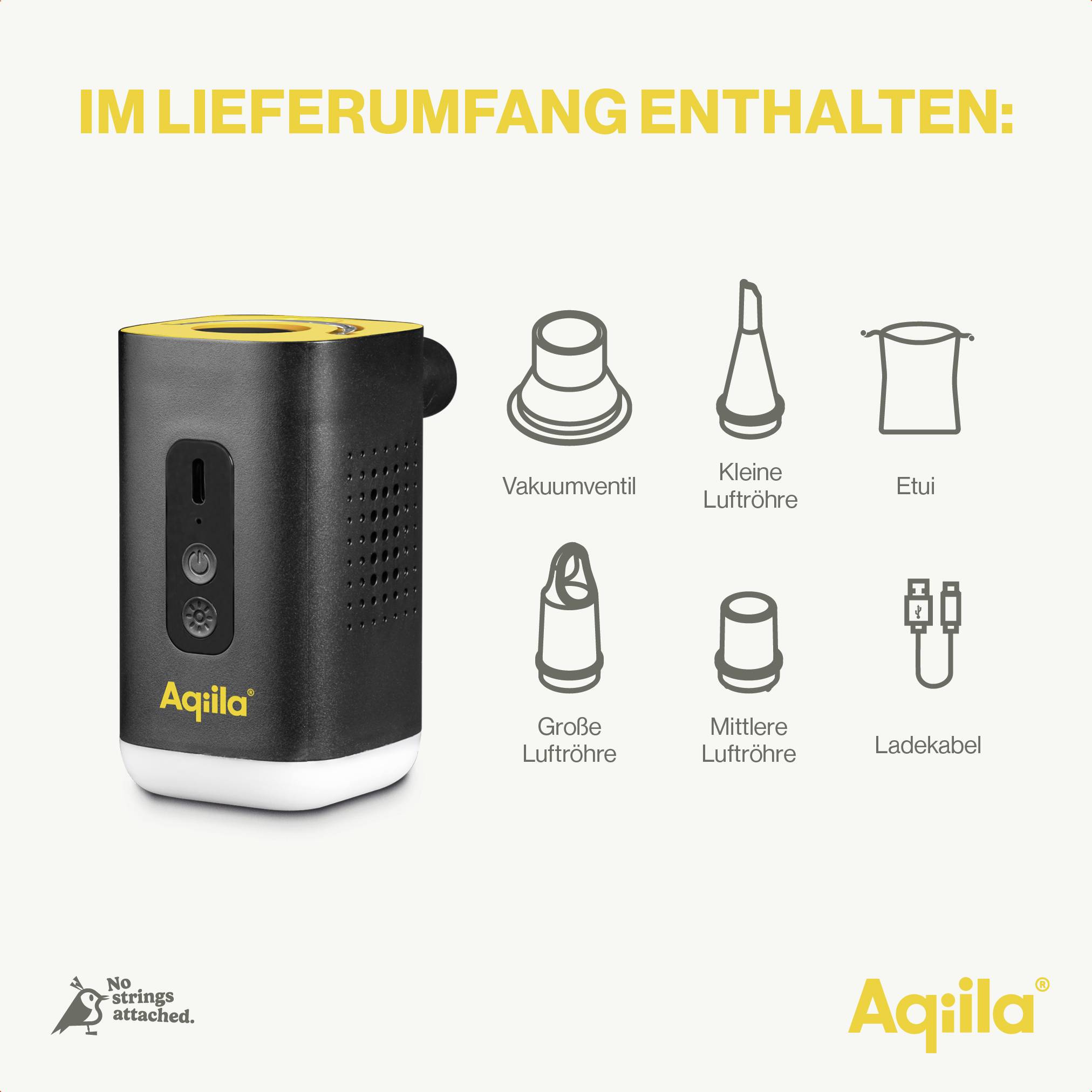 Im Lieferumfang enthalten: Vakuumventil, kleine Luftrohre, Etui, große und mittlere Luftrohre, Ladekabel. Abbildung von AqiiLa-Gerät.
