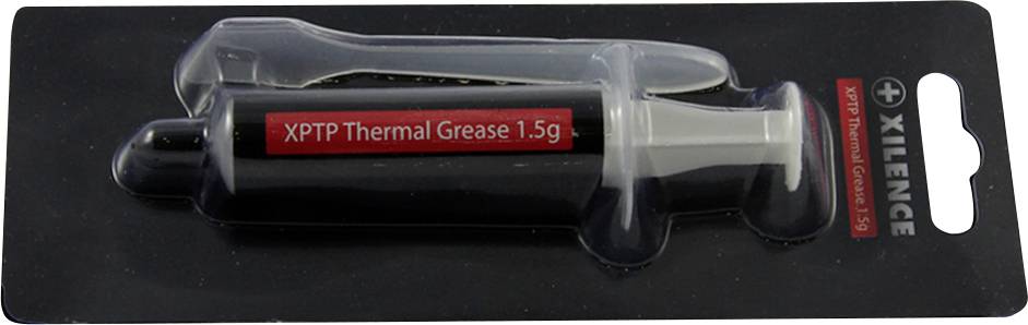 XPTP Wärmeleitpaste 1,5g in einer Spritzenapplikator, verpackt auf einer schwarzen Karte mit transparenter Abdeckung, Marke 'XILENCE'.