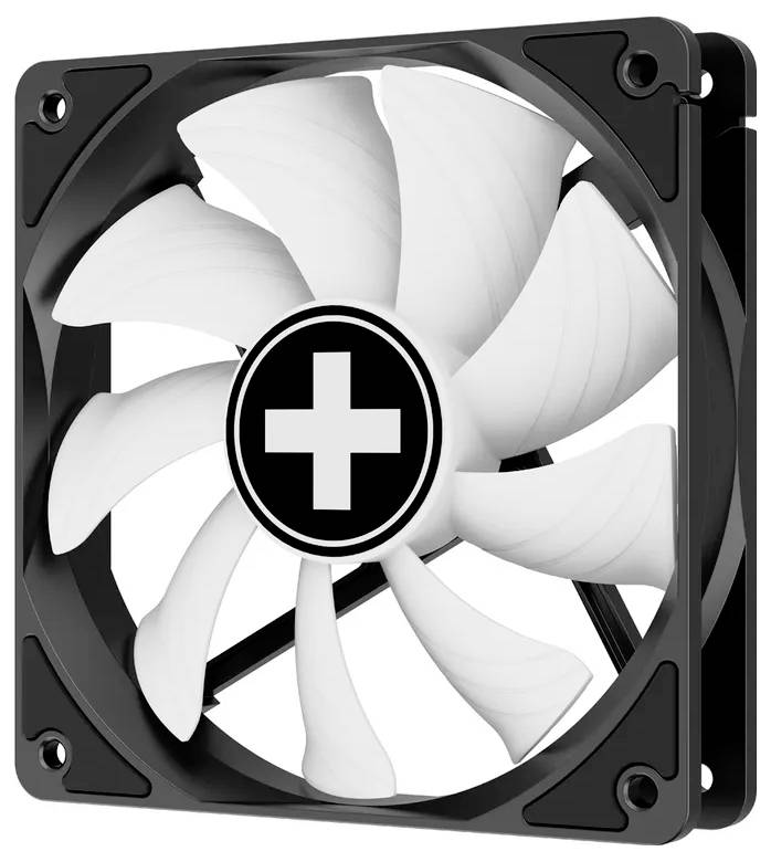 Ein Computergehäuselüfter mit weißen Rotorblättern und schwarzem Rahmen, der in der Mitte eine schwarze Kreisfläche mit einem weißen Kreuz auf der Nabe aufweist.