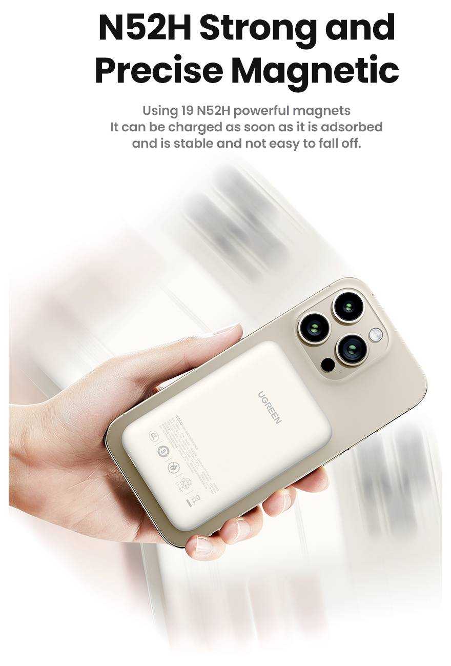 'Telefon mit magnetischem Geldbörsen-Etui, das über 19 leistungsstarke N52H-Magnete befestigt ist, stabil und leicht abnehmbar. Text: N52H Stark und Präzise Magnetisch.'