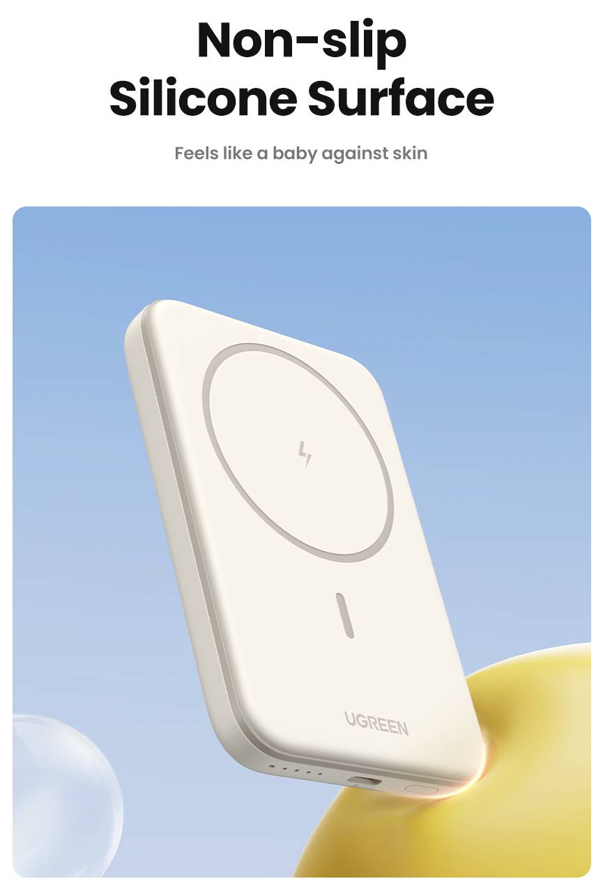 Kabelloses Ladegerät mit ‚rutschfester Silikonoberfläche' und der Aufschrift ‚Fühlt sich an wie ein Baby an der Haut', das ein glattes Design auf blauem Hintergrund präsentiert.