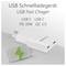 Ein weißer USB-Schnellladegerät mit zwei USB-C-Anschlüssen, der Power Delivery (PD) 30W und Quick Charge 3.0 unterstützt, gezeigt mit einem Netzstecker und einer grünen Energiesymbol-Überlagerung.