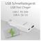 Bild eines USB-Schnellladegeräts mit 'USB C PD 30W' und 'USB A QC 3.0' Anschlüssen, das die schnellen Lademöglichkeiten betont.