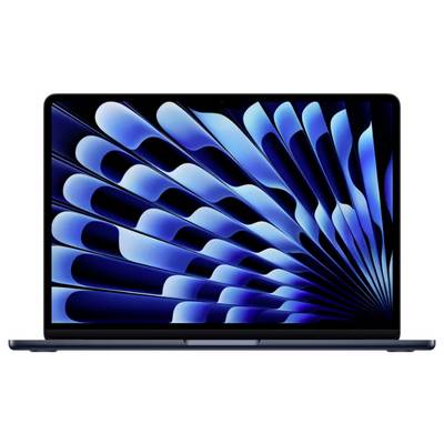 Ein Laptop, der auf dem Bildschirm ein abstraktes blaues Design mit geschwungenen, fächerartigen Formen zeigt, die vom Zentrum ausstrahlen.