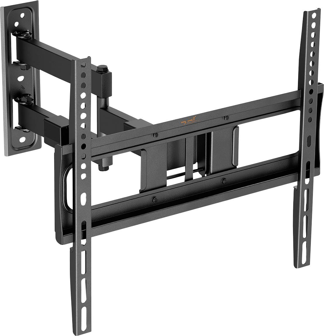 Wandmontierter TV-Halter mit verstellbarem Arm für Flachbildschirm-Fernseher, mit mehreren Löchern für flexible Befestigungsoptionen.