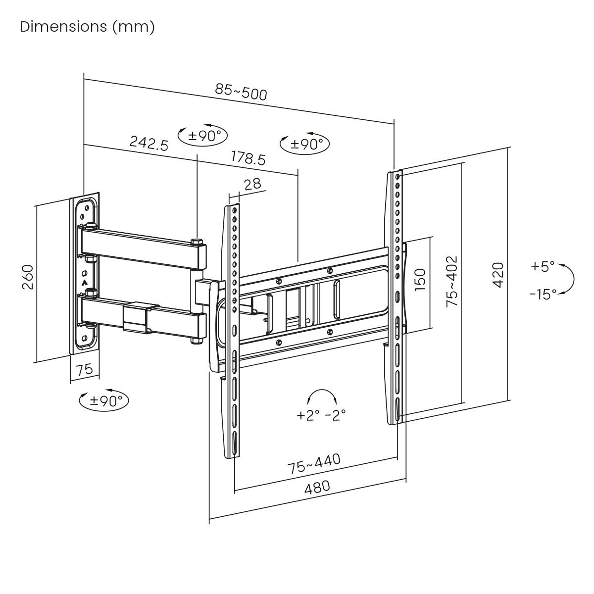 Wandhalterungshalterung Diagramm, das den verstellbaren Bereich von 75 bis 500 mm horizontal und -15° bis +5° vertikal zeigt, mit mehreren Neigungswinkeln.