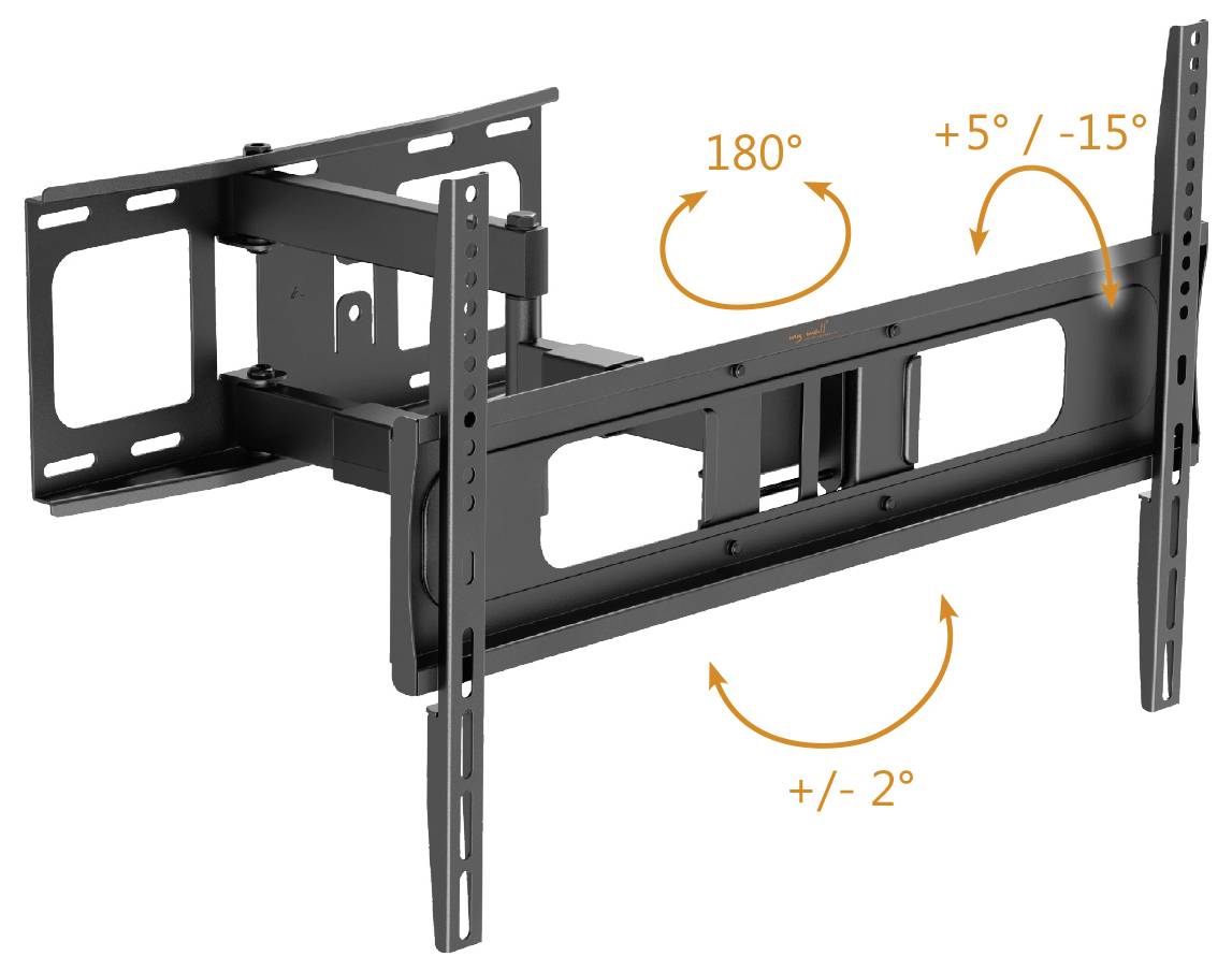 Eine schwarze TV-Wandhalterung mit orangefarbenen Pfeilen, die die verstellbaren Neigungswinkel zeigt: 180° Drehung, +5°/-15° Neigung und +/- 2° Ausrichtung.