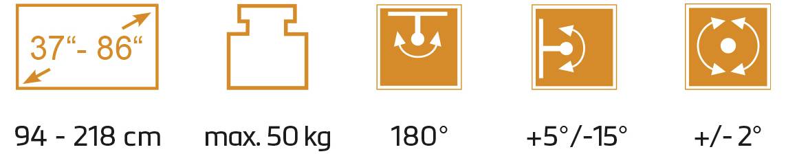 37" - 86" für Bildschirmgröße, Gewichtslimit von 50 kg, 180° Rotation, Neigungsverstellung +5°/-15°, Schwenkverstellung +/- 2°.