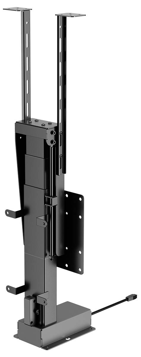 Eine schwarze, vertikale Metallhebebühne mit verstellbaren Befestigungsklammern, die üblicherweise zum Anheben schwerer Ausrüstung oder zur Unterstützung von Strukturen verwendet wird.