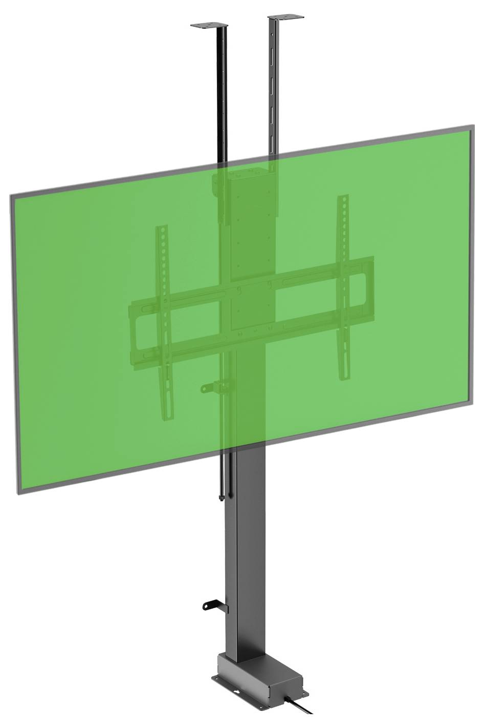 Eine Fernsehhalterung mit einem Hebemechanismus, in einer angehobenen Position dargestellt. Das Design umfasst ein grünes Panel, das den Bildschirm des Fernsehers repräsentiert.