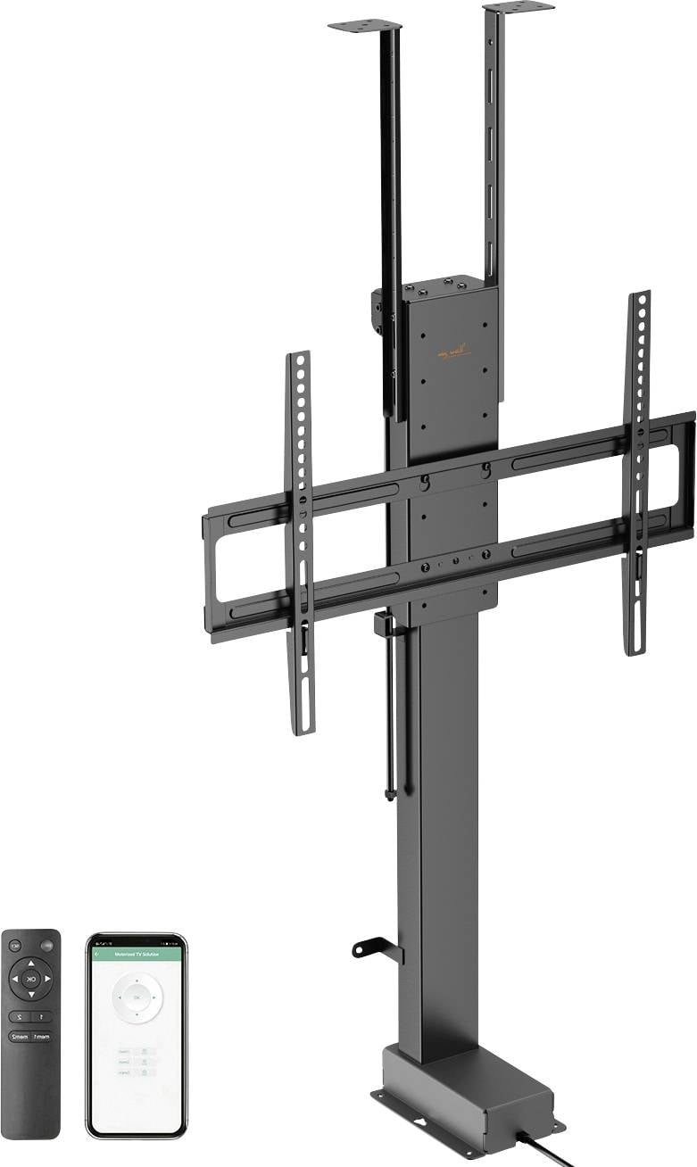 TV-Lift-Mechanismus mit verstellbaren Halterungen, ausgestattet mit einer Fernbedienung und einer Smartphone-App-Schnittstelle zur Höhenverstellung und Bedienung.