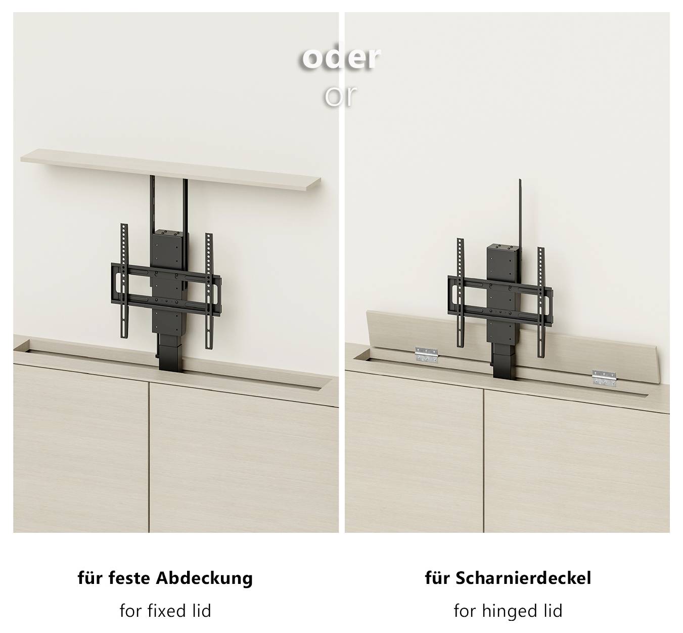 Zwei Diagrammvergleiche eines Hebemechanismus für einen TV-Schrank: links eine Anordnung für einen fest montierten Deckel, rechts für einen Klappdeckel.