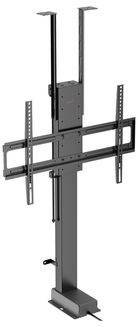 Ein schwarzer, verstellbarer TV-Halter mit einer vertikalen Stange und horizontalen Halterungen für Wand- oder Deckeninstallation.