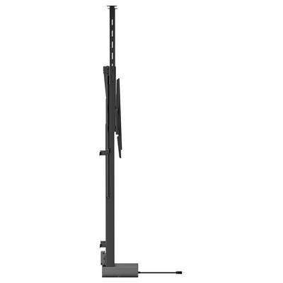 Seitenansicht eines Flat-Screen-Fernsehers, der auf einem verstellbaren Bodenständer montiert ist und den schlanken Profil sowie die Kabelverbindung an der Basis zeigt.